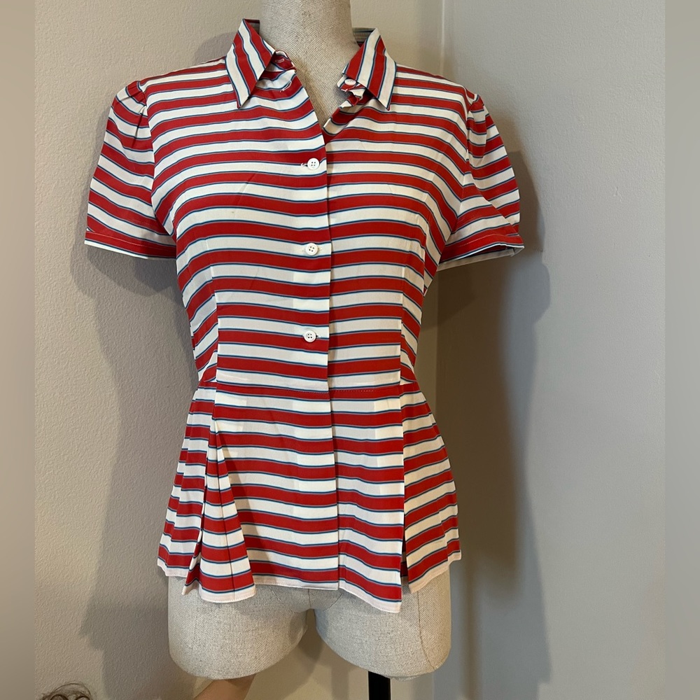 Prada Silk Striped Peplum Button Down Blouse EU 42 / US 10 Red Blue White
